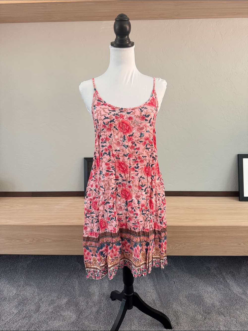 Boho Pink Floral Spaghetti-Strap Mini Dress